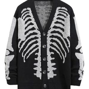 SHENHE Men's Skeleton Print Long Sleeve Cardigan Sweaters V Neck Button Down Outwear Coats Black L