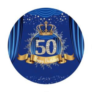 Leyiyi 6.5x6.5ft Happy 50th Birthday Round Backdrop Royal Blue Curtain Drapes Luxury Golden King Crown Photography Background Prince Men Fifty Birthday Party Decor Banner Photo Booth Props