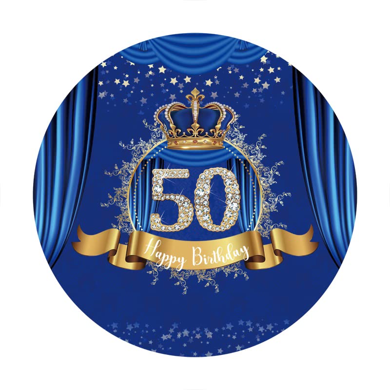 Leyiyi 6.5x6.5ft Happy 50th Birthday Round Backdrop Royal Blue Curtain Drapes Luxury Golden King Crown Photography Background Prince Men Fifty Birthday Party Decor Banner Photo Booth Props