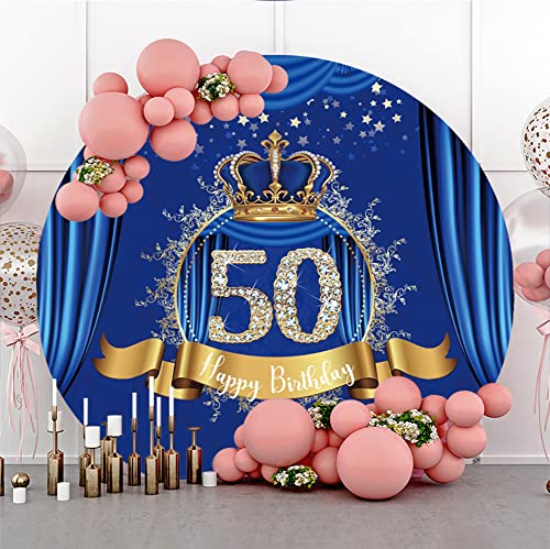 Leyiyi 6.5x6.5ft Happy 50th Birthday Round Backdrop Royal Blue Curtain Drapes Luxury Golden King Crown Photography Background Prince Men Fifty Birthday Party Decor Banner Photo Booth Props