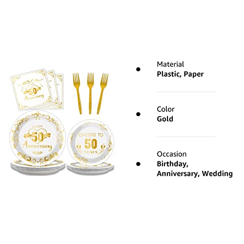 96 Pcs 50th Anniversary Tableware Set Wedding Party Supplies 50 years Anniversary Dinnerware Disposable Golden Plates Napkins Fork Fifty Anniversary Party Decorations Birthday Tableware for 24 Guests