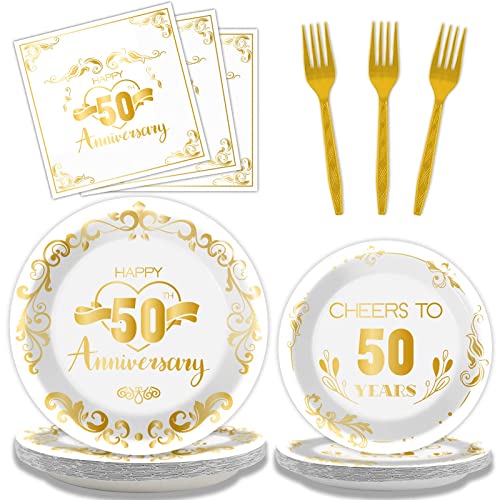 96 Pcs 50th Anniversary Tableware Set Wedding Party Supplies 50 years Anniversary Dinnerware Disposable Golden Plates Napkins Fork Fifty Anniversary Party Decorations Birthday Tableware for 24 Guests