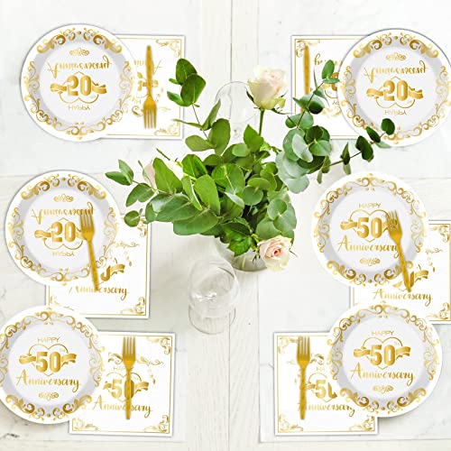 96 Pcs 50th Anniversary Tableware Set Wedding Party Supplies 50 years Anniversary Dinnerware Disposable Golden Plates Napkins Fork Fifty Anniversary Party Decorations Birthday Tableware for 24 Guests