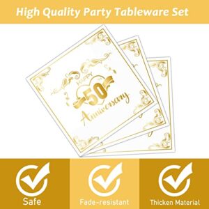 96 Pcs 50th Anniversary Tableware Set Wedding Party Supplies 50 years Anniversary Dinnerware Disposable Golden Plates Napkins Fork Fifty Anniversary Party Decorations Birthday Tableware for 24 Guests