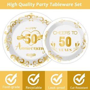 96 Pcs 50th Anniversary Tableware Set Wedding Party Supplies 50 years Anniversary Dinnerware Disposable Golden Plates Napkins Fork Fifty Anniversary Party Decorations Birthday Tableware for 24 Guests