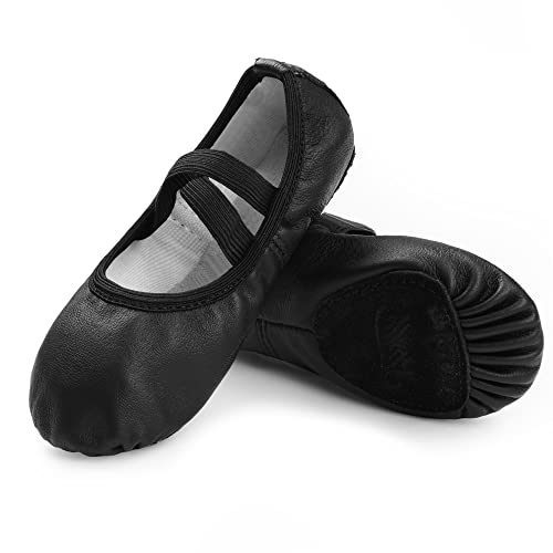 Stelle Ballet Shoes for Girls Dance Slippers Genuine Leather Ballerina Shoes for Toddler/Little Kid/Big Kid(11ML, Black No-tie)