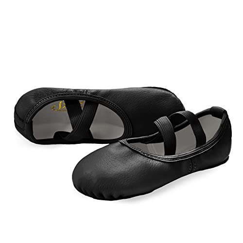 Stelle Ballet Shoes for Girls Dance Slippers Genuine Leather Ballerina Shoes for Toddler/Little Kid/Big Kid(11ML, Black No-tie)