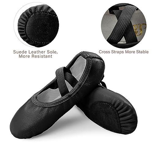 Stelle Ballet Shoes for Girls Dance Slippers Genuine Leather Ballerina Shoes for Toddler/Little Kid/Big Kid(11ML, Black No-tie)