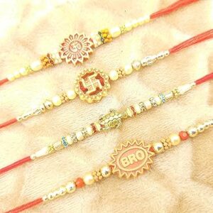 Rakhi for Brother Sister celebration. Designer Multicolor Stones Rakhi Gift, Wrist bands for loving, Brother, Sister, Father & family. (Rakhi Des.4- Om, Bro &Good Luck Tortoise Set of 4, Small)