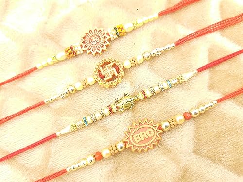 Rakhi for Brother Sister celebration. Designer Multicolor Stones Rakhi Gift, Wrist bands for loving, Brother, Sister, Father & family. (Rakhi Des.4- Om, Bro &Good Luck Tortoise Set of 4, Small)