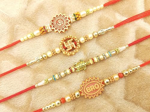 Rakhi for Brother Sister celebration. Designer Multicolor Stones Rakhi Gift, Wrist bands for loving, Brother, Sister, Father & family. (Rakhi Des.4- Om, Bro &Good Luck Tortoise Set of 4, Small)