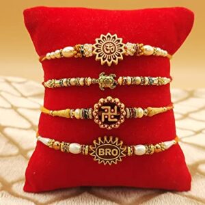 Rakhi for Brother Sister celebration. Designer Multicolor Stones Rakhi Gift, Wrist bands for loving, Brother, Sister, Father & family. (Rakhi Des.4- Om, Bro &Good Luck Tortoise Set of 4, Small)