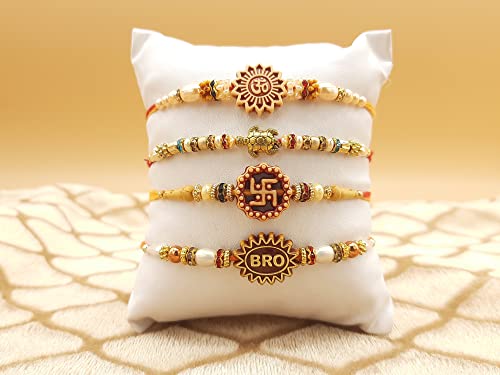 Rakhi for Brother Sister celebration. Designer Multicolor Stones Rakhi Gift, Wrist bands for loving, Brother, Sister, Father & family. (Rakhi Des.4- Om, Bro &Good Luck Tortoise Set of 4, Small)