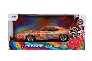 jada toys i love the 60’s 1:24 1969 dodge charger daytona die-cast car, toys for kids and adults, orange