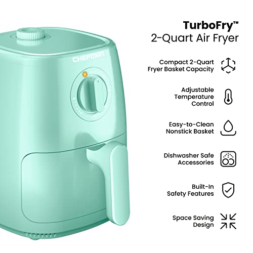 Chefman TurboFry 2-Quart Air Fryer, Dishwasher Safe Basket & Tray, Use Little to No Oil For Healthy Food, 60 Minute Timer, Fry Healthier Meals Fast, Heat And Power Indicator Light, Temp Control, Mint