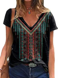 women short sleeve shirts causal v neck western aztec plus size t shirt summer loose fit lightweight summer tops(b,2xl)