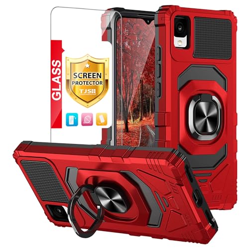 TJS for Alcatel TCL 30 Z T602DL Case, TCL 30 LE Case, with Tempered Glass Screen Protector, Metal Ring Magnetic Support Kickstand Heavy Duty Phone Case for TCL 30Z / TCL 30LE (Red)