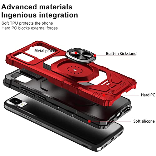 TJS for Alcatel TCL 30 Z T602DL Case, TCL 30 LE Case, with Tempered Glass Screen Protector, Metal Ring Magnetic Support Kickstand Heavy Duty Phone Case for TCL 30Z / TCL 30LE (Red)