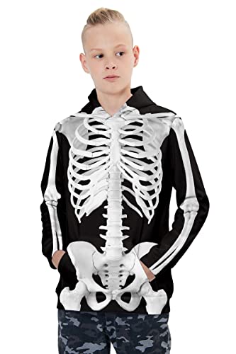 RAISEVERN Girls Boys Holloween Hoodies size 8 Pullover Hoodie Long Sleeve Casual Soft Kids Hooded Sweatshirt Cool 3D Hoodie Novelty Skeletons Hoody with Pockets Size 9 10 11