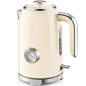 susteas electric kettle - 57oz hot tea kettle water boiler with thermometer, 1500w fast heating stainless steel tea pot, cordless with led indicator, auto shut-off & boil dry protection, beige