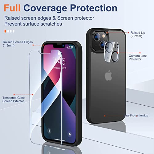 UniqueMe [5 in 1 Design for iPhone 13 Mini ase, 2 Pack Screen Protector Tempered Glass + 2 Pack Camera Lens Protector, [Non-Yellowing] Shockproof Ultra Thin Protective Cover - Black