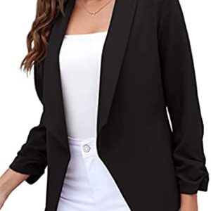 BOFETA Women's Casual 3/4 Sleeve Blazers Open Front Solid Lapel Ruched Sleeve Jacket Blazer Black M