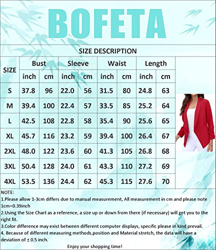 BOFETA Women's Casual 3/4 Sleeve Blazers Open Front Solid Lapel Ruched Sleeve Jacket Blazer Black M