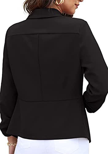BOFETA Women's Casual 3/4 Sleeve Blazers Open Front Solid Lapel Ruched Sleeve Jacket Blazer Black M