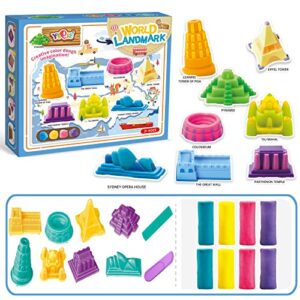 yiqis dough and play sand & air dry clay molding toys and tools kits sets for kids ages 4-8,18pcs, includes 8 world landmarks building molds,2 cutter tools,8 dough colors