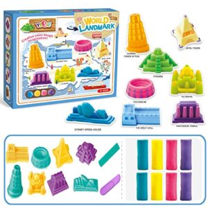 Yiqis Dough and Play Sand & Air Dry Clay Molding Toys and Tools Kits Sets for Kids Ages 4-8,18PCS, Includes 8 World Landmarks Building Molds,2 Cutter Tools,8 Dough Colors