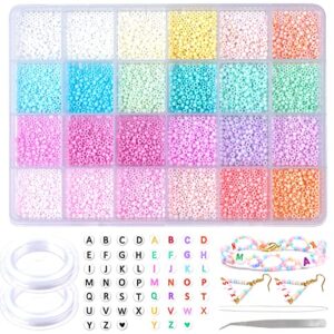 gacuyi 6000 pcs pastel glass seed beads, macaron 3mm samll craft bead pony beads with letter alphabet beads,elastic string for diy bracelet necklace jewelry making supplies