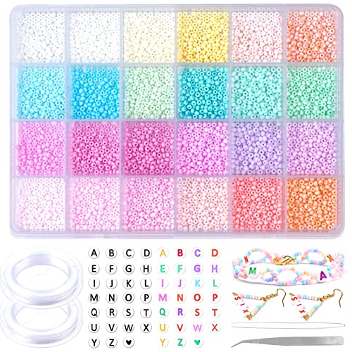 Gacuyi 6000 pcs Pastel Glass Seed Beads, Macaron 3MM Samll Craft Bead Pony Beads with Letter Alphabet Beads,Elastic String for DIY Bracelet Necklace Jewelry Making Supplies