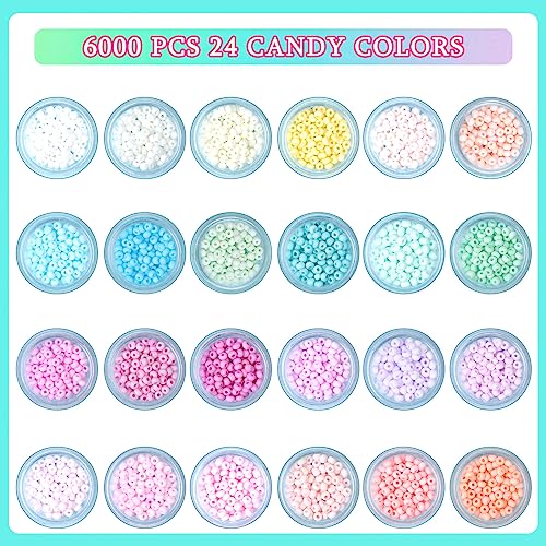 Gacuyi 6000 pcs Pastel Glass Seed Beads, Macaron 3MM Samll Craft Bead Pony Beads with Letter Alphabet Beads,Elastic String for DIY Bracelet Necklace Jewelry Making Supplies