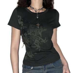 vintage y2k grunge aesthetic gothic punk t shirt short sleeve rock graphic print crop tee slim fairy cotton streetwear