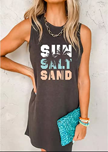 Sun Salt Sand Coconut Tree Tank Mini Dress for Women Sleeveless Beach Praty Shirts Summer Vacation Short Mini Dresses (Large, Grey)