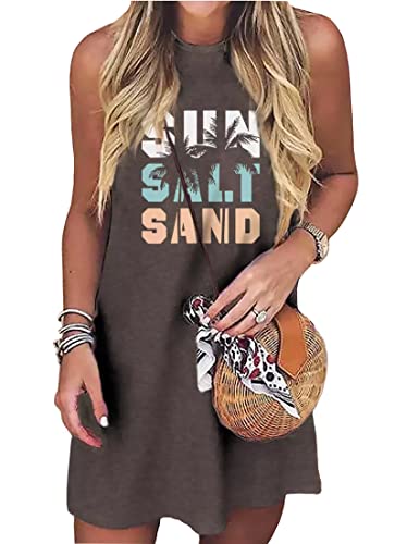 Sun Salt Sand Coconut Tree Tank Mini Dress for Women Sleeveless Beach Praty Shirts Summer Vacation Short Mini Dresses (Large, Grey)