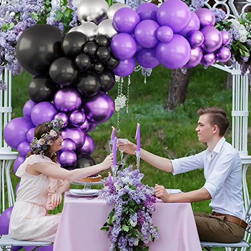 GREMAG Purple Balloon Garland Kit, 112 Pcs Black Purple Metallic Silver Balloon Arch Kits, 5 10 12 18 Inch Latex Balloons for Graduation Decorations Birthday Party Anniversary Backdrop Halloween