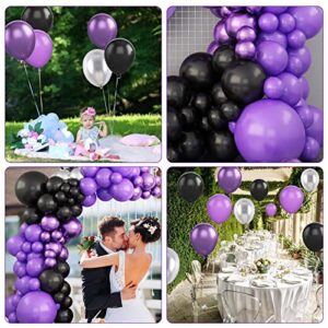 GREMAG Purple Balloon Garland Kit, 112 Pcs Black Purple Metallic Silver Balloon Arch Kits, 5 10 12 18 Inch Latex Balloons for Graduation Decorations Birthday Party Anniversary Backdrop Halloween