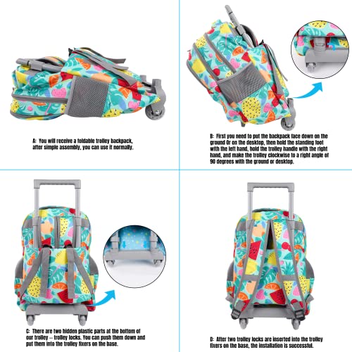 seastig Rolling Backpack 18in Double Handle Backpack Kids Wheeled Backpack Roller Backpack with Lunch Bag Set Girls Boys