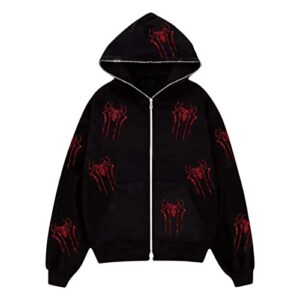 Yuemengxuan Women Y2k Goth Zip Up Hoodie Long Sleeve Harajuku Sweatshirt Aesthetic Casual Oversized Hooded Top Streetwear (Spider, M)