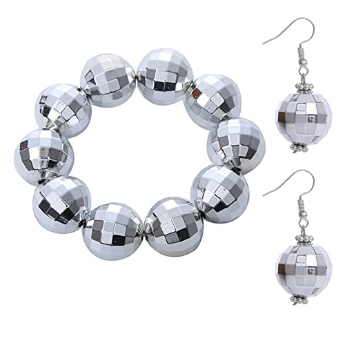 70s Disco Accessories Women, Disco Earrings and Bracelet Set, Disco Ball Bracelet Disco Ball Earrings for Women, 70 Jewelry for Women Girls, 70s Party Decorations