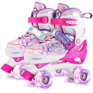 hykid paw stars 4 size adjustable roller skates with light up wheels,safe for girls kids toddler, trimmable insole included (small)