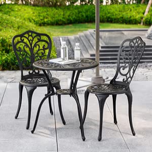 Withniture Patio Bistro Sets 3 Piece Outdoor,Cast Aluminum Bistro Table and Chairs Set of 2 with 1.97" Umbrella Hole,All Weather Outdoor Bistro Table Set for Front Porch Set,Garden(Black)