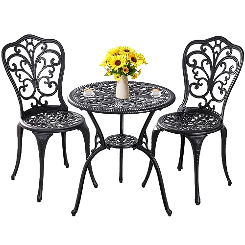 Withniture Patio Bistro Sets 3 Piece Outdoor,Cast Aluminum Bistro Table and Chairs Set of 2 with 1.97" Umbrella Hole,All Weather Outdoor Bistro Table Set for Front Porch Set,Garden(Black)