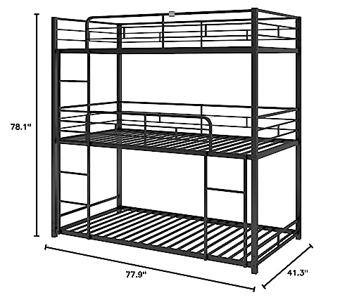 GLORHOME Twin Size Metal Triple Bunk Bed with 2 Front Ladders for Kids Adults, No Box Spring Required, Black