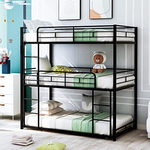 GLORHOME Twin Size Metal Triple Bunk Bed with 2 Front Ladders for Kids Adults, No Box Spring Required, Black