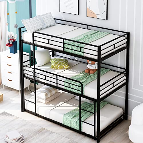 GLORHOME Twin Size Metal Triple Bunk Bed with 2 Front Ladders for Kids Adults, No Box Spring Required, Black