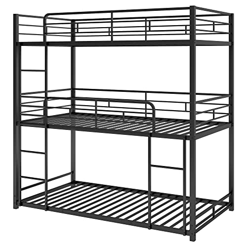 GLORHOME Twin Size Metal Triple Bunk Bed with 2 Front Ladders for Kids Adults, No Box Spring Required, Black