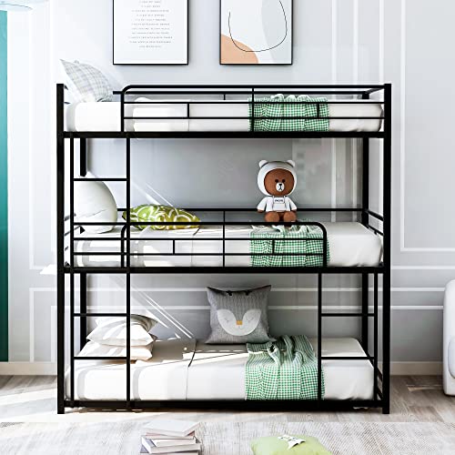 GLORHOME Twin Size Metal Triple Bunk Bed with 2 Front Ladders for Kids Adults, No Box Spring Required, Black