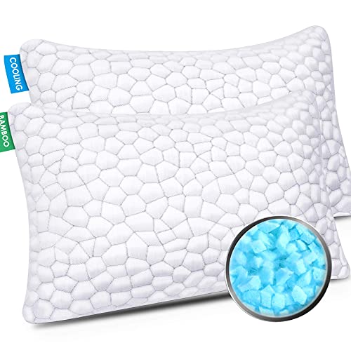 Standard Pillows Set of 2 Cooling Bed Pillows for Sleeping, 2 Pack Standard Size Shredded Memory Foam Pillows Adjustable Cool BAMBOO Pillow for Side Back Stomach Sleepers - Luxury Gel Pillows Standard